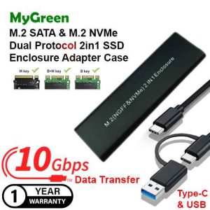MyGreen M.2 SATA NVMe Dual Protocol SSD Enclosure Adapter Case Metal Body 21 In 1 USB 3.1 And Type-C 10Gbps External Enclosure HDD Box Supports M And B&M Key SSD Case