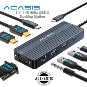 ACASIS DS-0801 8 In 1 4K 60Hz USB-C Docking Station 2 HDMI 1 VGA 2 Type-C 2 USB 3.0 1 3.5mm Ports Type-C Hub