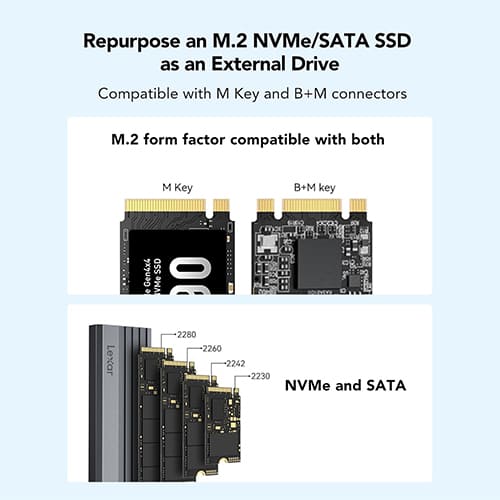 Lexar E350 M.2 NVMe And M.2 SATA SSD Enclosure Adapter Case 10Gbps High Speed NVMe SATA SSD Supports Enclosure For Computers Laptop Tablets And Mobile Phones Can All Be Used - Image 2