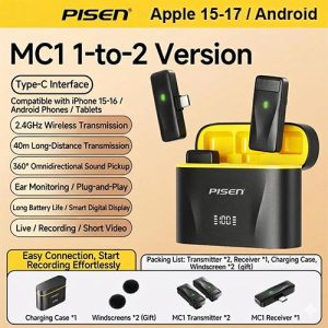PISEN MC1 1 to 2 2.4GHz Wireless Professional Microphone System Dual Noise Reduction Ultra-Clear Audio Compatible with iPhone 15-17 & Android (Type-C)