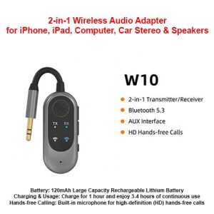 W10 2-in-1 Wireless Audio Adapter - Bluetooth 5.3 Transmitter & Receiver with Hands-Free Calling, AUX Support for iPhone, iPad, Computer, Car Stereo & Speakers