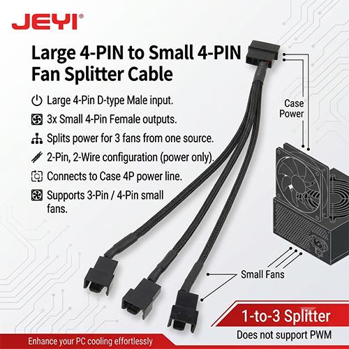 JEYI D-FAN3 4-Pin Molex to 3-Port Small 4-Pin PC Fan Splitter Cable 2-Pin 2-Wire Chassis Fan Power Supply Extension Line