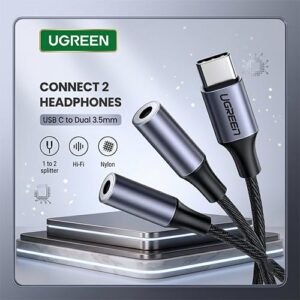 UGREEN AV144 USB C to Dual 3.5mm Headphone Audio Splitter Cable For Smartphones Tablets iPads MacBooks & Laptops