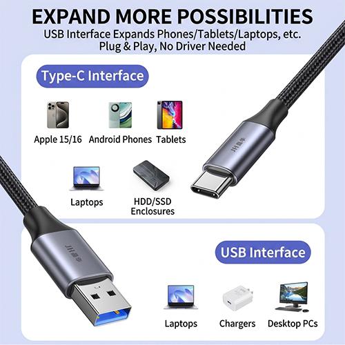 JiNGHUA JH-U682C USB 3.0 to Type-C Braided Hard Drive Cable 1M 5Gbps High-Speed Data Transfer & Charging - Image 3