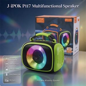J-iPOK P117 Multifunctional Wireless Stereo Speaker Bluetooth TWS Portable Mini Speaker with RGB Colorful Light USB TF Card & FM Radio Support Powerful Bass Long Battery Life