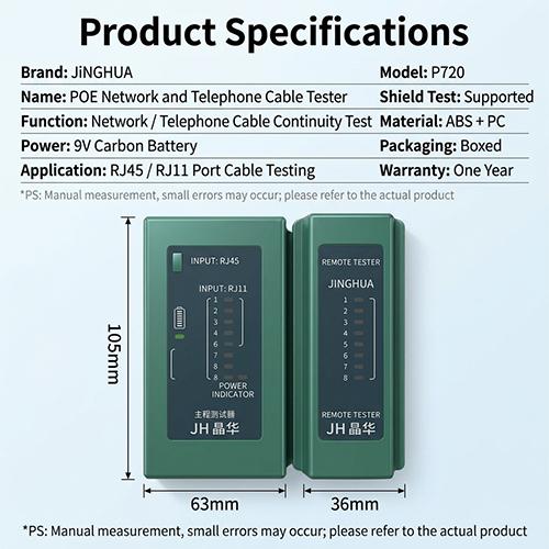 JiNGHUA JH-P720 Multi-Function RJ45/RJ11 POE Network & Telephone Cable Tester & Fault Detector - Image 3