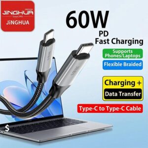 JiNGHUA JH-U681A Type-C to Type-C 60W PD Fast Charging & Data Cable (0.3M Braided) for Mobile Phones & Tablets