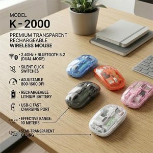 K-2000 Dual Mode Bluetooth & 2.4GHz Wireless Transparent Mouse Rechargeable Optical Mouse with USB Dongle for PC Laptop and Tablet