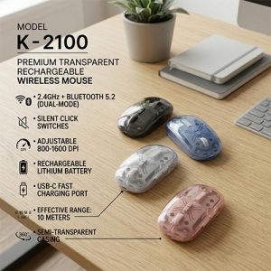 K-2100 Transparent Dual-Mode Rechargeable Wireless Mouse 2.4GHz + Bluetooth 5.2 Silent Click Optical Mouse with 3-Level Adjustable DPI for PC Laptop and Tablet